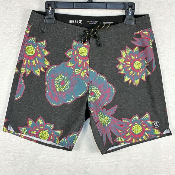 Roark Mens 30 Passage Aurora Flora Black Gray Hawaiian Surf Swim Board Shorts - Picture 1 of 10